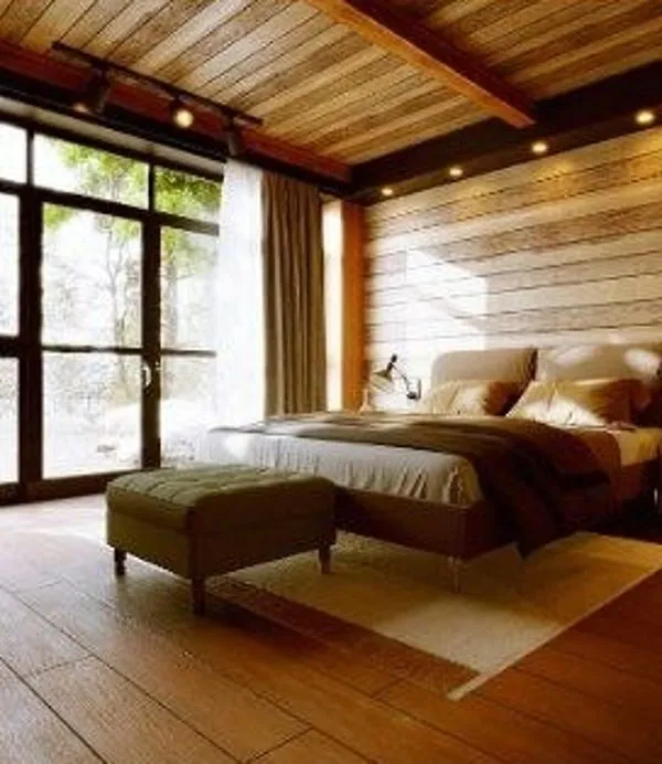Bedroom render with timber ceiling, glazed doors and warm evening light