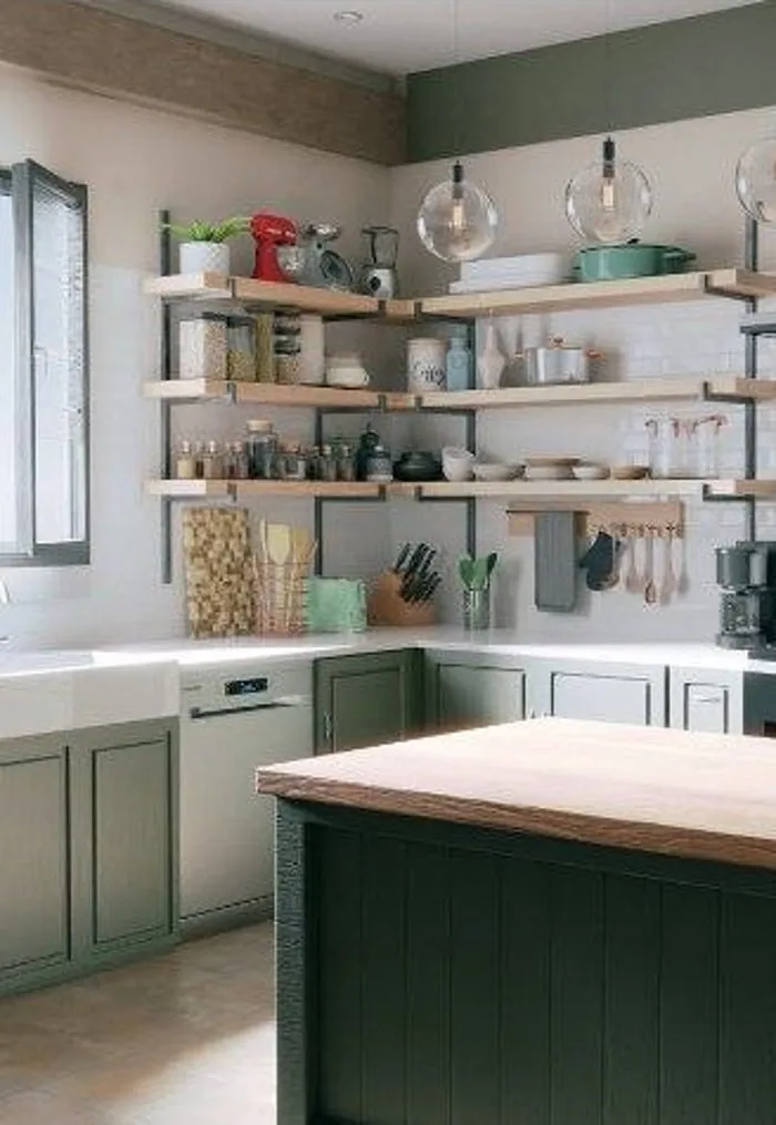 Kitchen render with sage cabinets, open timber shelves and daylight